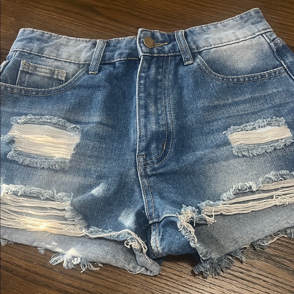 Frayed Hem Blue Denim Shorts